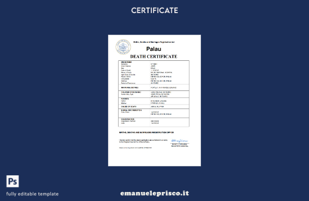 certificato di morte dello stato civile di Palau in stile verificato Modello Wor